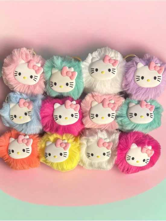 Hello Kitty Accessories - Dozen Hello Kitty Fluffy Pom Keychains in Pastel & Bright Shades